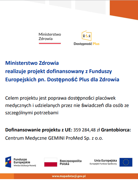 Plakat ministerstwo zdrowia realizacja projektu dofinansowanego z funduszu Europejskiego, Dostępność Plus dla Zdrowia